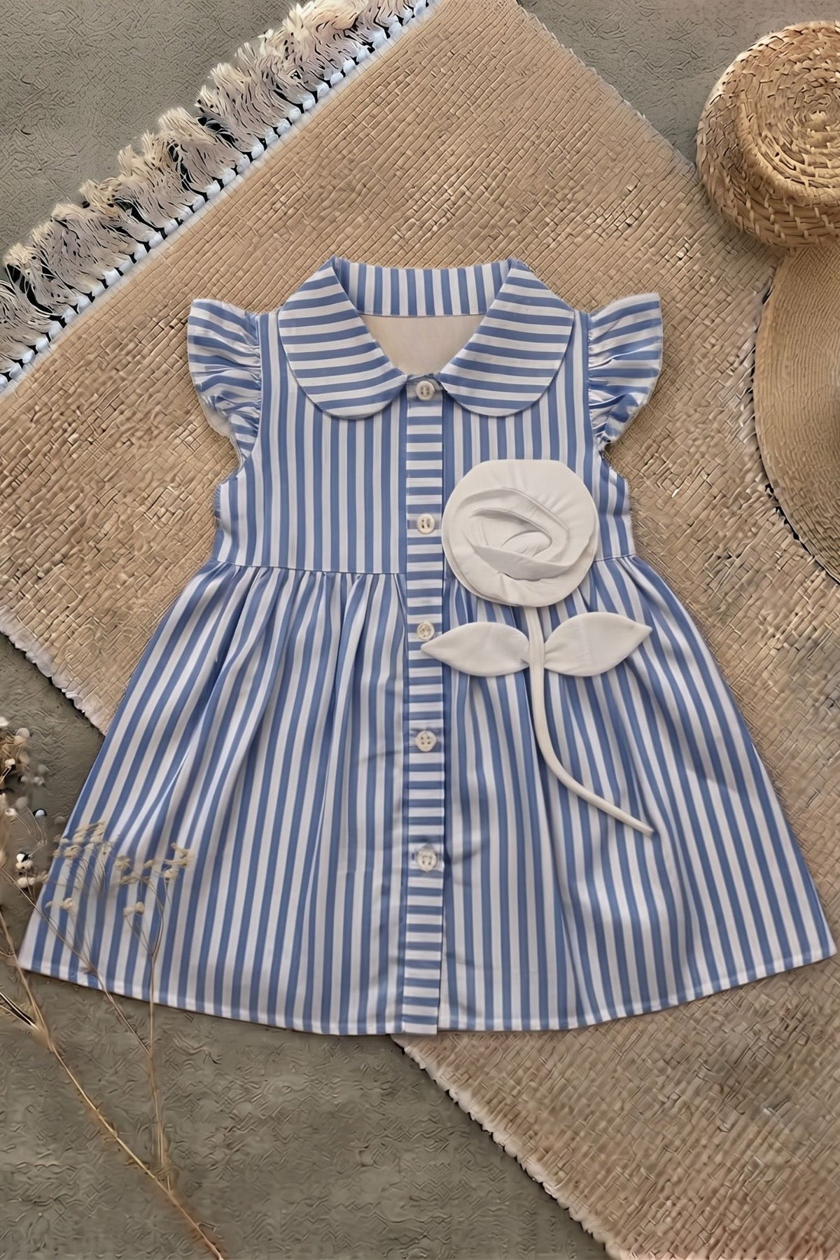Charming Girls Blue And White Striped Shirt Dress with 3D Floral Applique