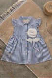 Charming Girls Blue And White Striped Shirt Dress with 3D Floral Applique