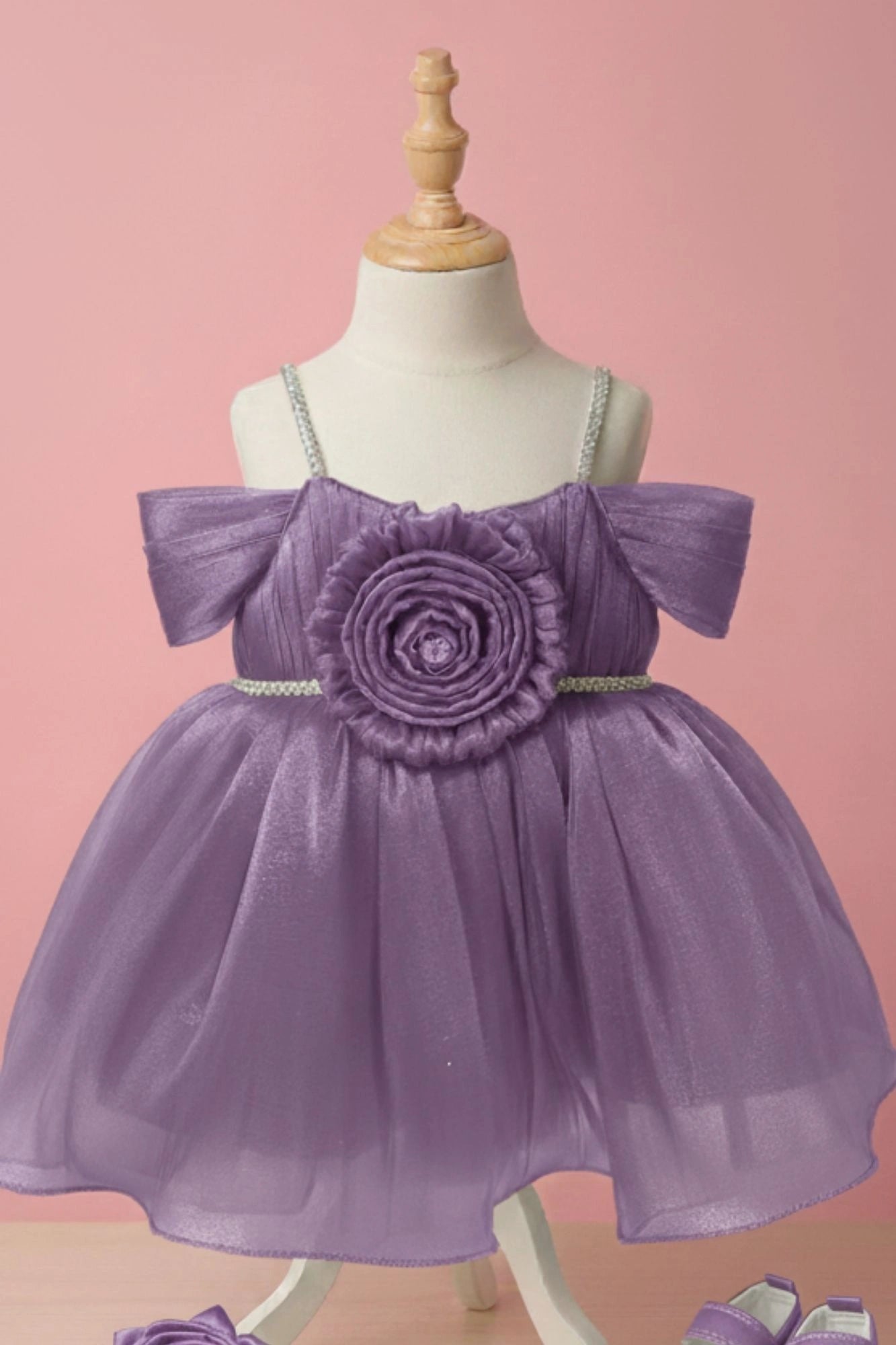 Lavender Party Frock with Pleated Flower Appliqué and Shimmer Finish For Girls