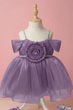 Lavender Party Frock with Pleated Flower Appliqué and Shimmer Finish For Girls