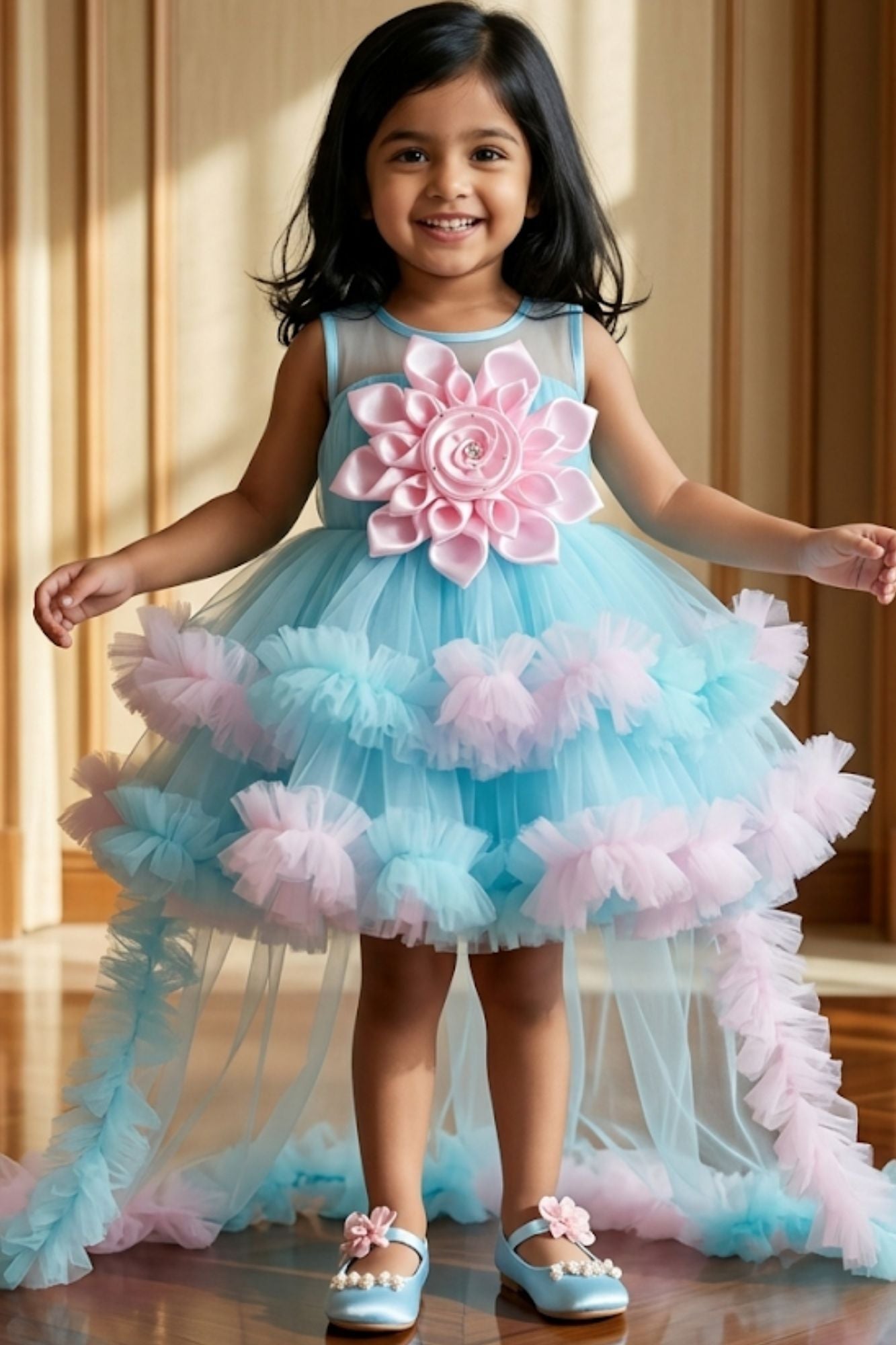 Girls Pastel Blue And Pink High-Low Tulle Party Dress with Floral Applique
