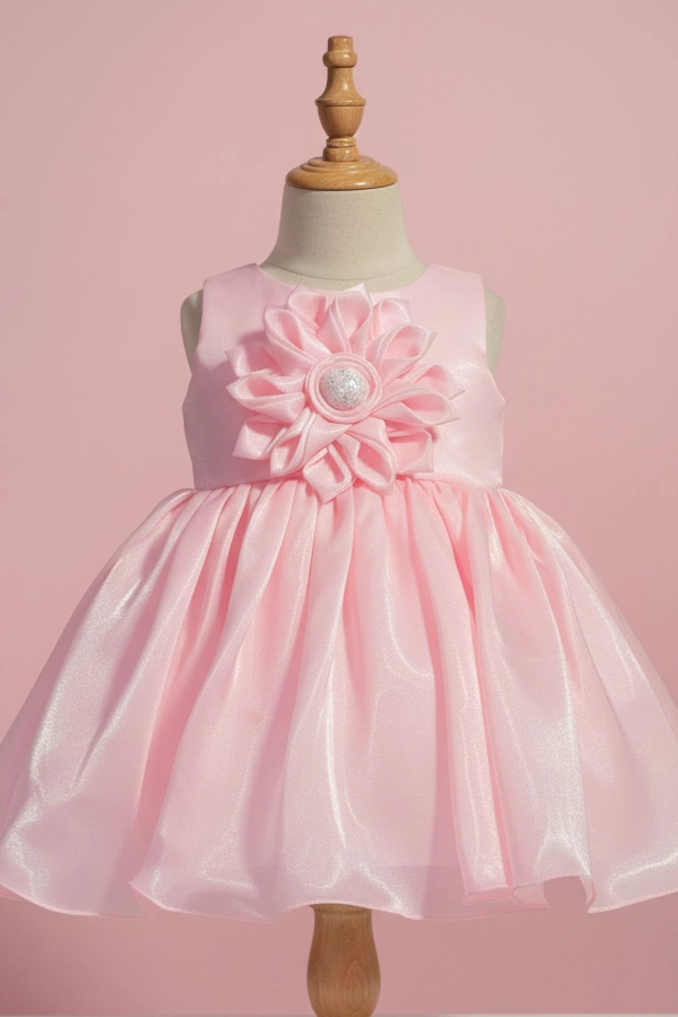 Baby Pink Organza Party Wear Dress with 3D Flower Appliqué For Girls