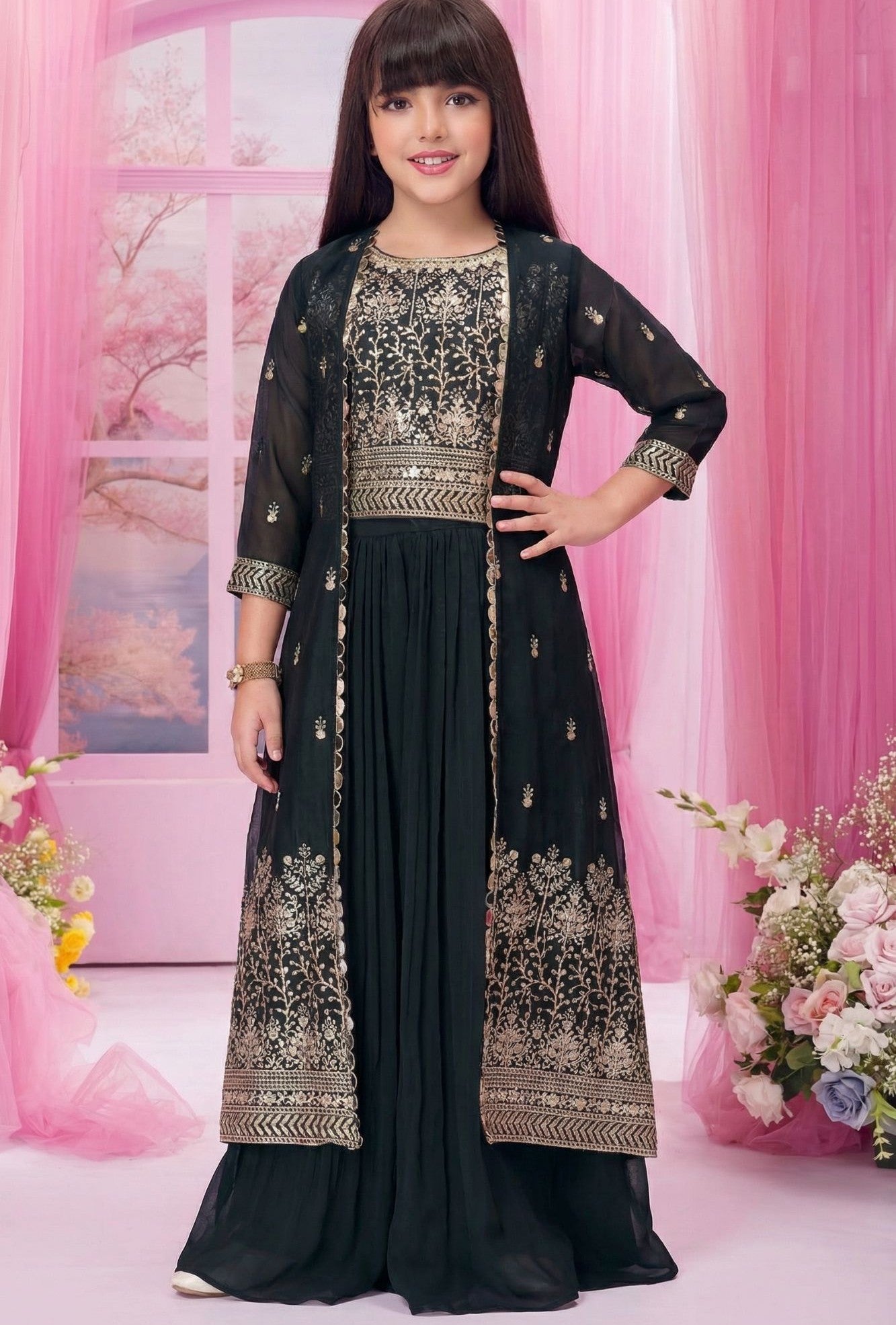 Black Embroidered Palazzo Set with Jacket For Girls