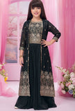 Black Embroidered Palazzo Set with Jacket For Girls