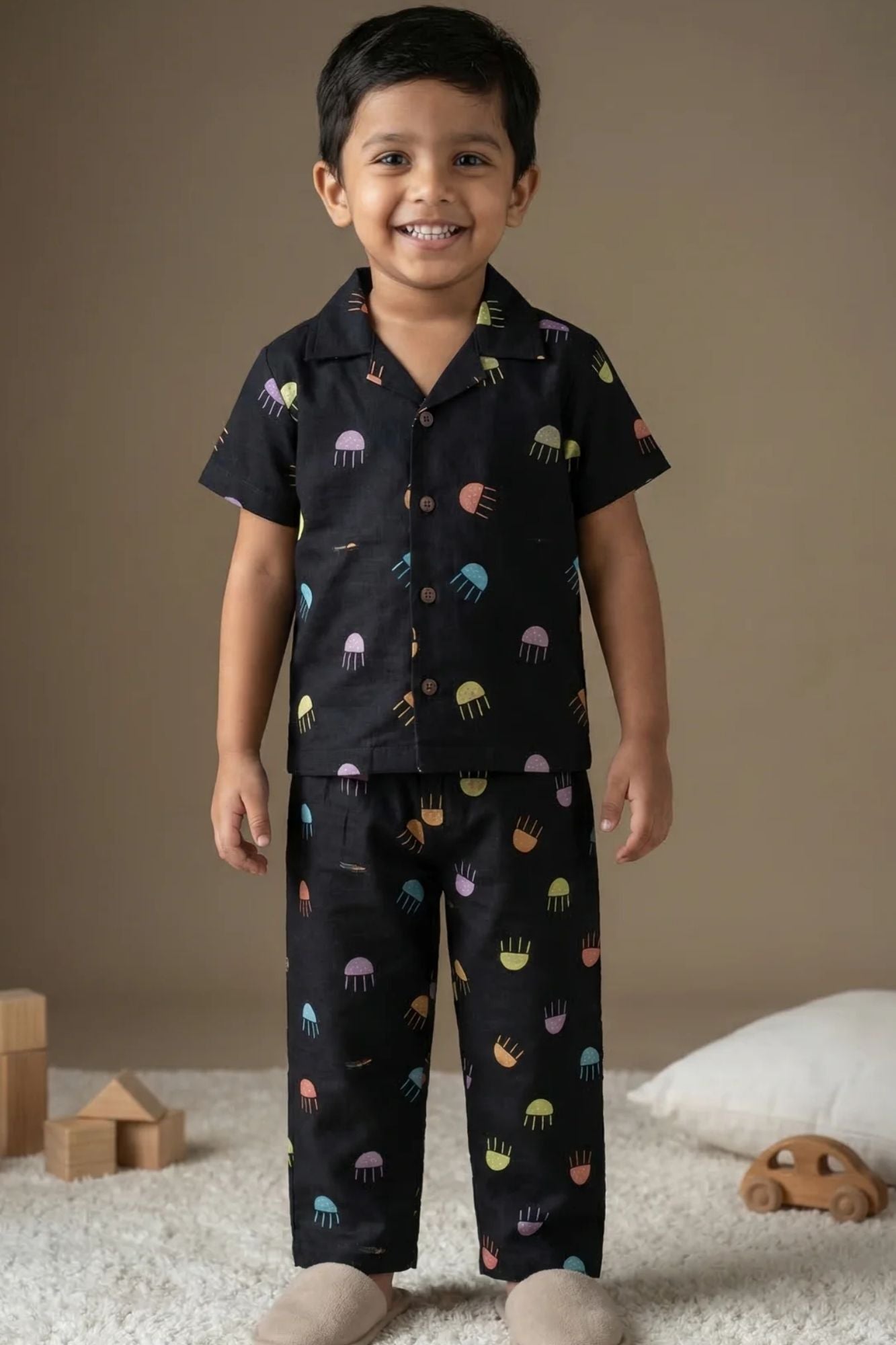 Black Jellyfish Print Night Suit Set For Boys