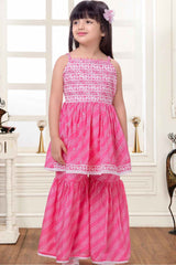 Pink Bandhani Print And Embroidered Top With Sharara Bottom Set For Girls