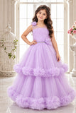 Lavender Layered Net Party Gown with Floral Ruffle Hem For Girls