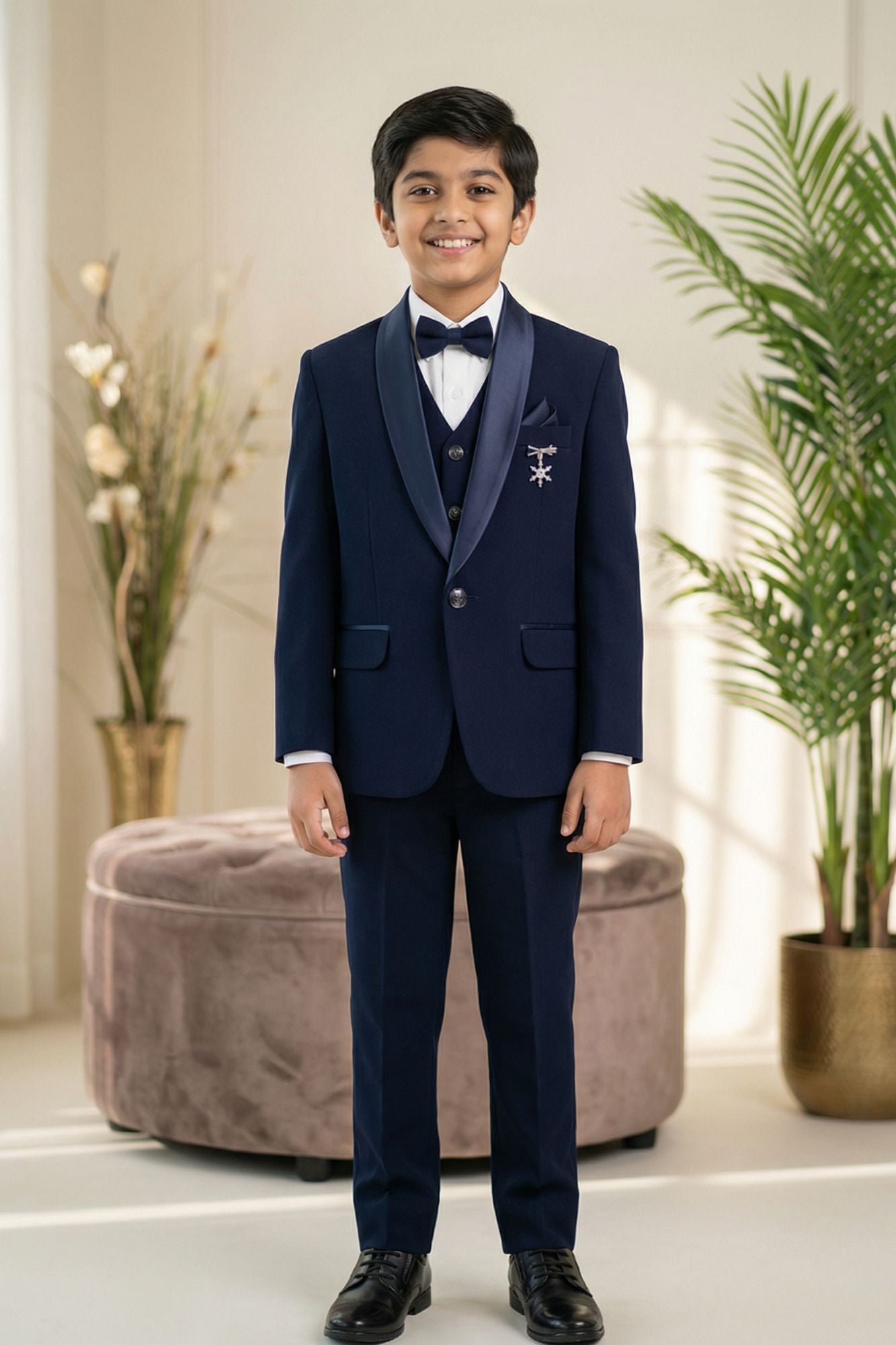 Navy Blue Embroidered 5-Piece Suit Set With Brooch For Boys