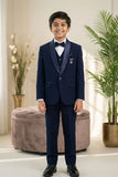 Navy Blue Embroidered 5-Piece Suit Set With Brooch For Boys