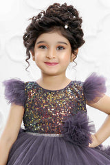 Mauve Frill Sleeves And sequin Embroidery With Floral Embellished Tail Back Frock For Girls