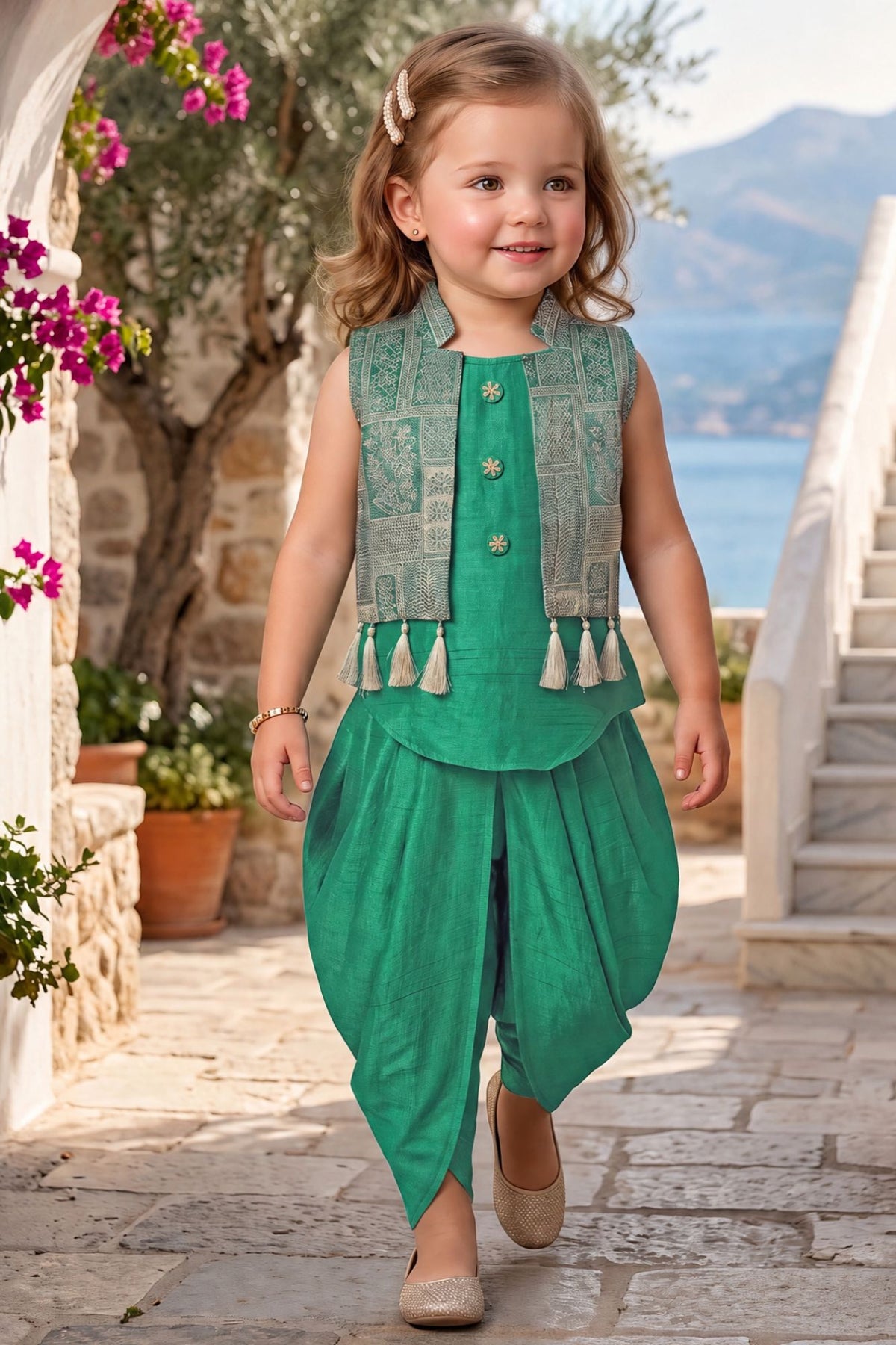 Girls Emerald Green Printed Sleeveless Jacket Style Dhoti Kurti Set