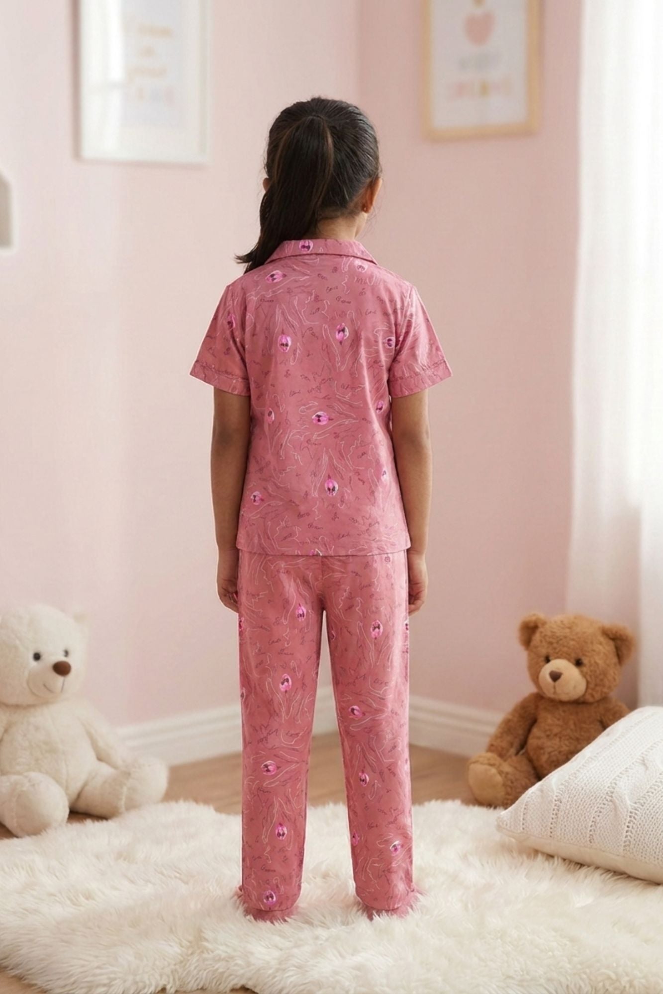 Girls Pink Floral Print Night Suit Set