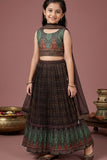 Black and Green Printed Crop Top with Pleated Lehenga and Dupatta For Girls