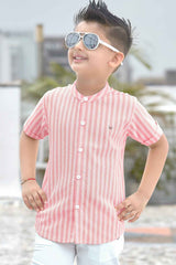 Peach Striped Shirt With White Shorts Set For Boys