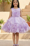 Lavender Embellished Party Wear Frock with 3D Rose Appliqué For Girls