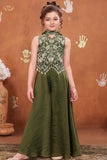 Girls Olive Green Embroidered Palazzo Set With Dupatta