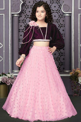 Wine And Pink Embellished With Floral And Pearl Lehenga Choli Set For Girls