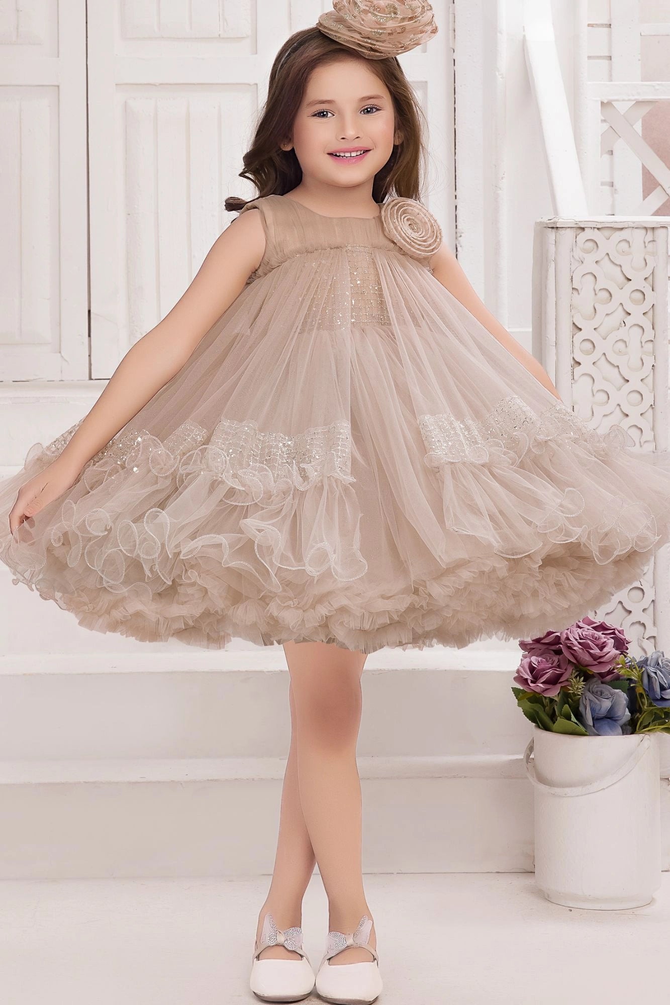 Coffee Party Frock with Sequin Floral Detailing For Girls