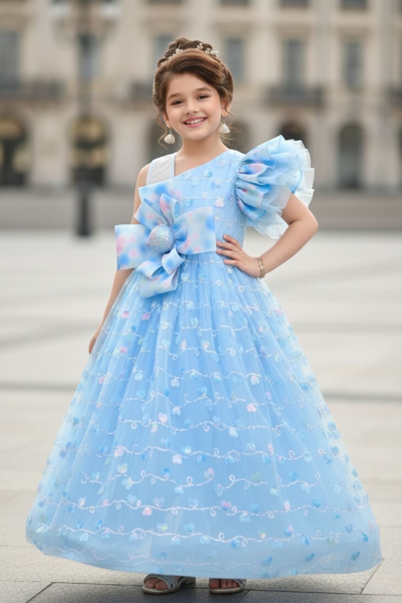 Sky Blue One-Shoulder Bow Party Gown for Girls