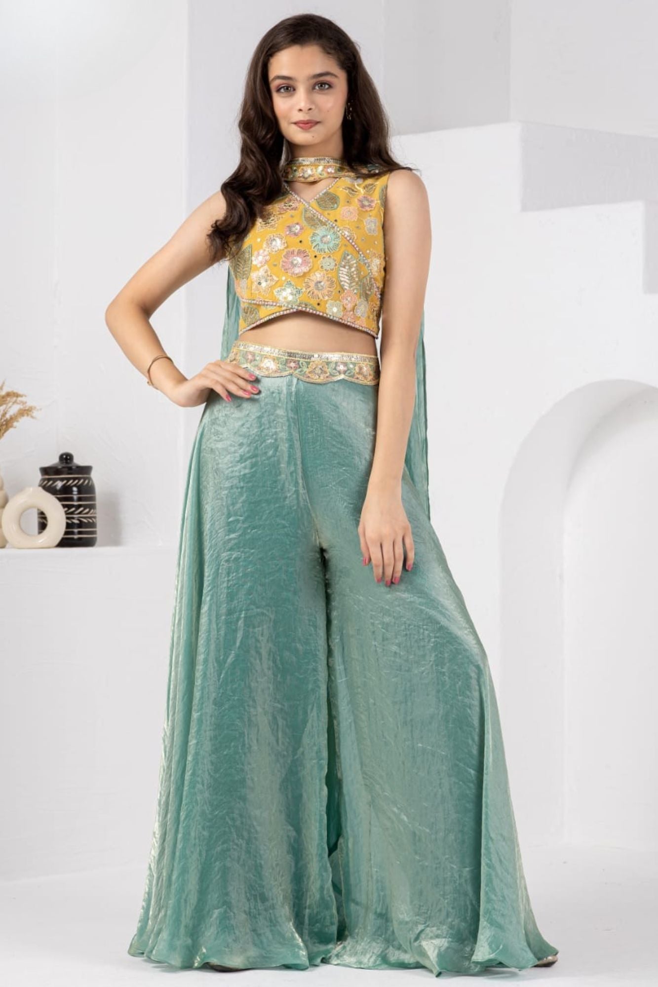 Mustard Yellow and Sage Green Embroidered Palazzo Set for Girls