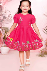 Pink Cotton Frock With Elegant Floral Embroidery For Girls
