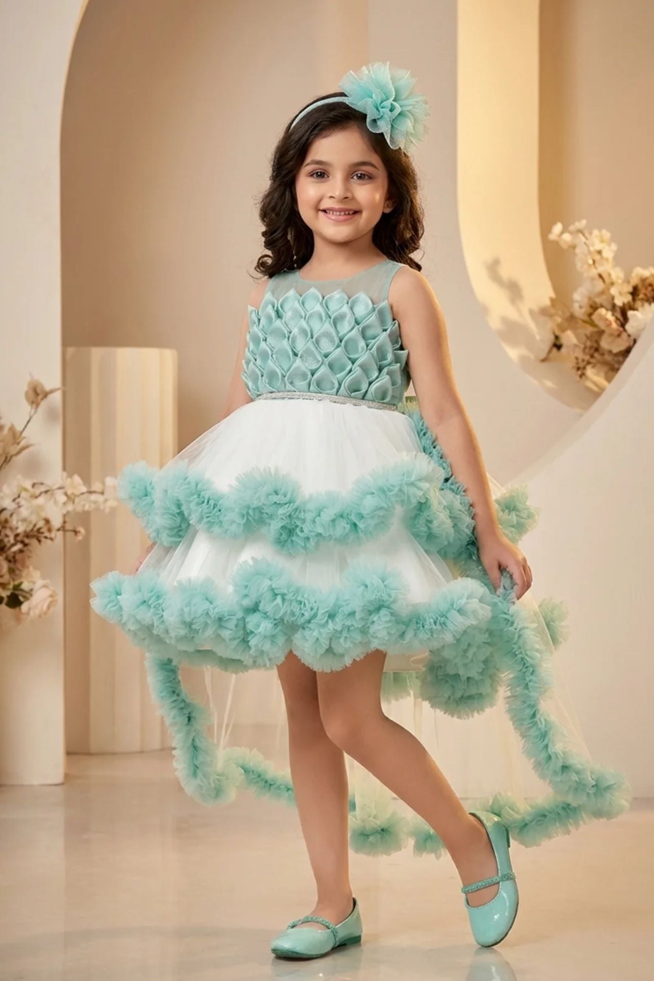 Mint Green High-Low Party Wear Tulle Frock with Ruffle Layers For Girls