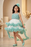 Mint Green High-Low Party Wear Tulle Frock with Ruffle Layers For Girls