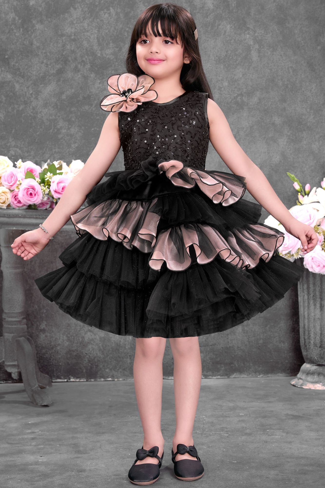Girls Black Party Wear Frock with Sequin Bodice And Layered Ruffles