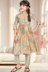 Peach 3/4th Sleeves With Floral Printed And Bead Work Kurta Set For Girls