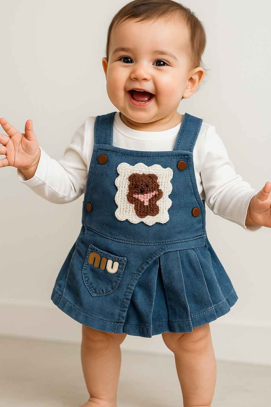 Blue Denim Dungaree With White T-Shirt Set For Girls