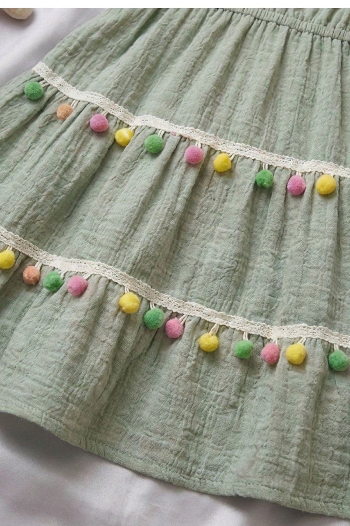 Green Pom-Pom Cotton Frock with Embroidered Yoke For Girls