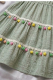 Green Pom-Pom Cotton Frock with Embroidered Yoke For Girls