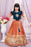 Teal And Orange Embroidered Pattu Pavadai Set For Girls