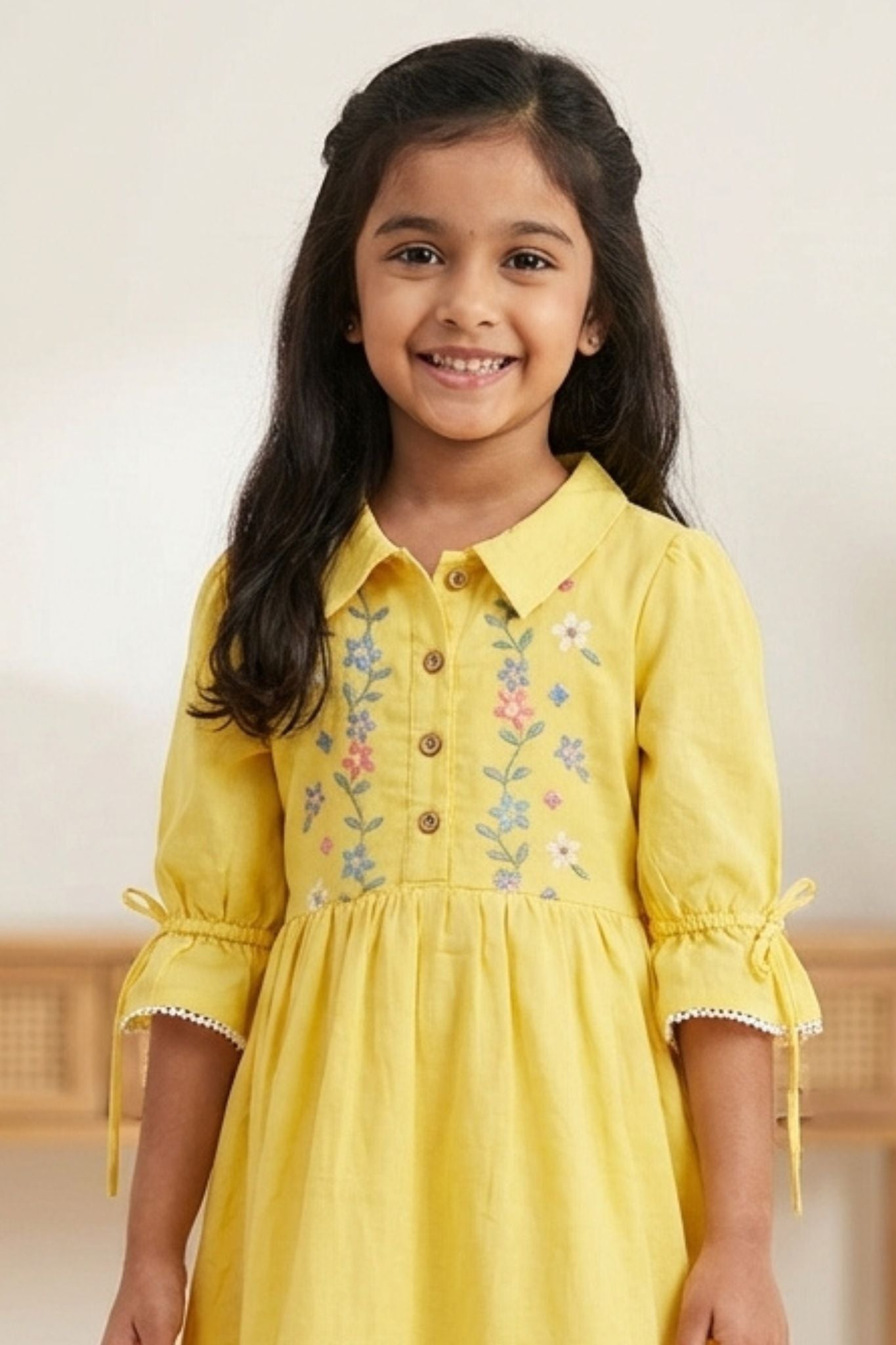 Bright Yellow Floral Embroidered Cotton Dress with Puff Sleeves For Girls 6-12M (16) Bright Yellow Floral Embroidered Cotton Dress with Puff Sleeves For Girls 6-12M (16)