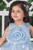 Blooming Princess Ice Blue Rosette Embellished Party Frock For Girls