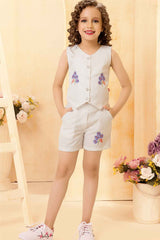 White Floral Embroidered Top And Shorts Set For Girls