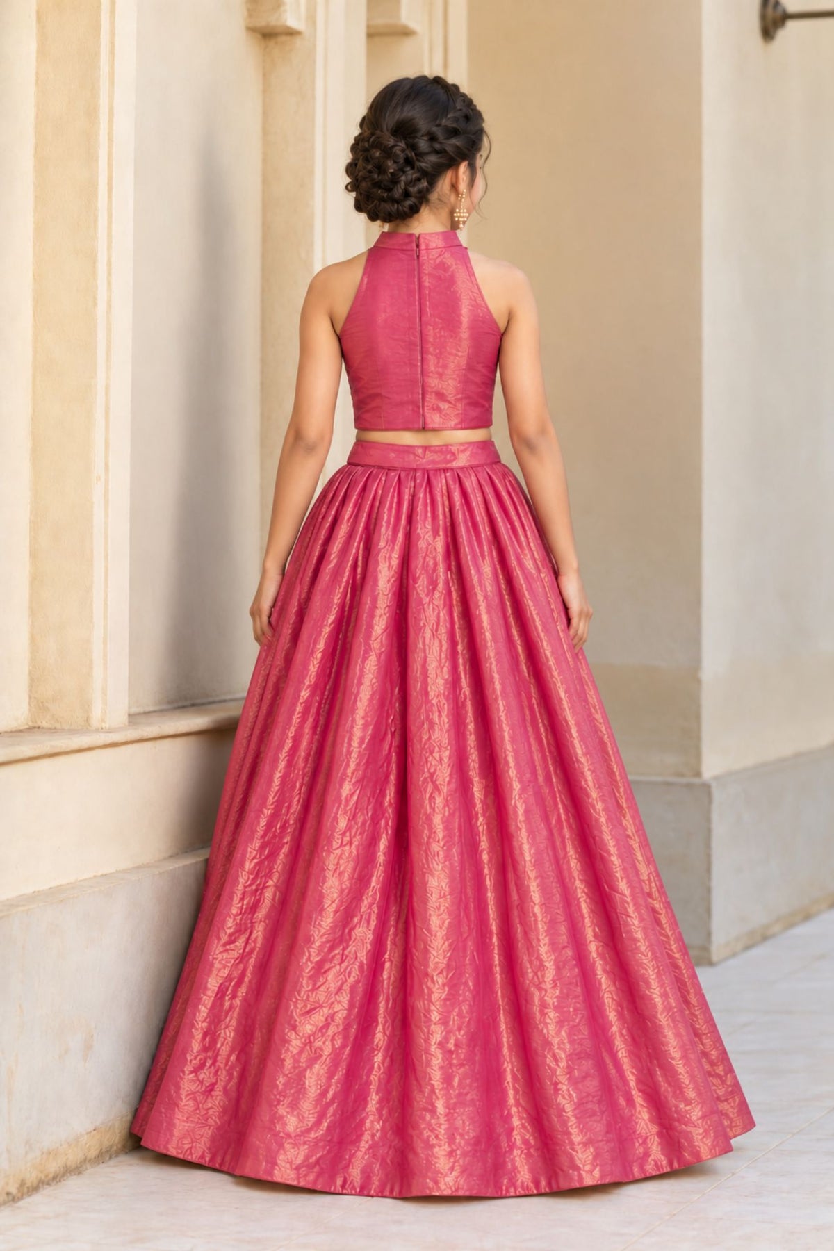 Girls Pink With Gold Sequin Embroidered Halter Neck Lehenga Choli Set