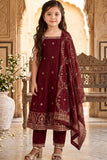 Girls Maroon Embroidered Sleeveless Kurta Set With Dupatta
