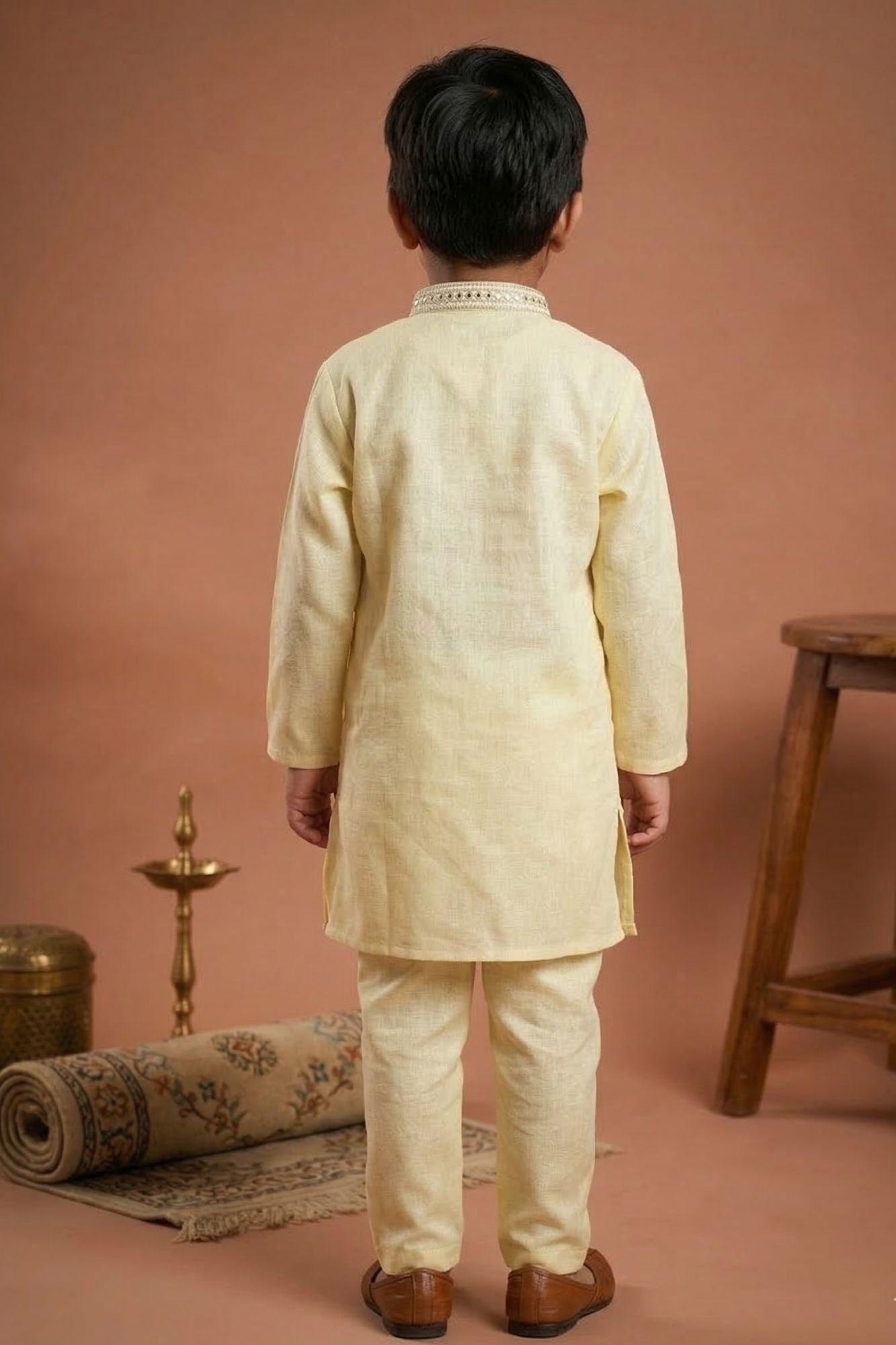 Yellow Embroidered Linen Kurta Set For Boys
