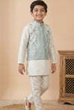 Cream Embroidered Kurta Set with Nehru Jacket For Boys