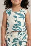 Girls White And Blue Floral Printed Co-Ord Set with Sleeveless Bow Strap Top And Flared Pants
