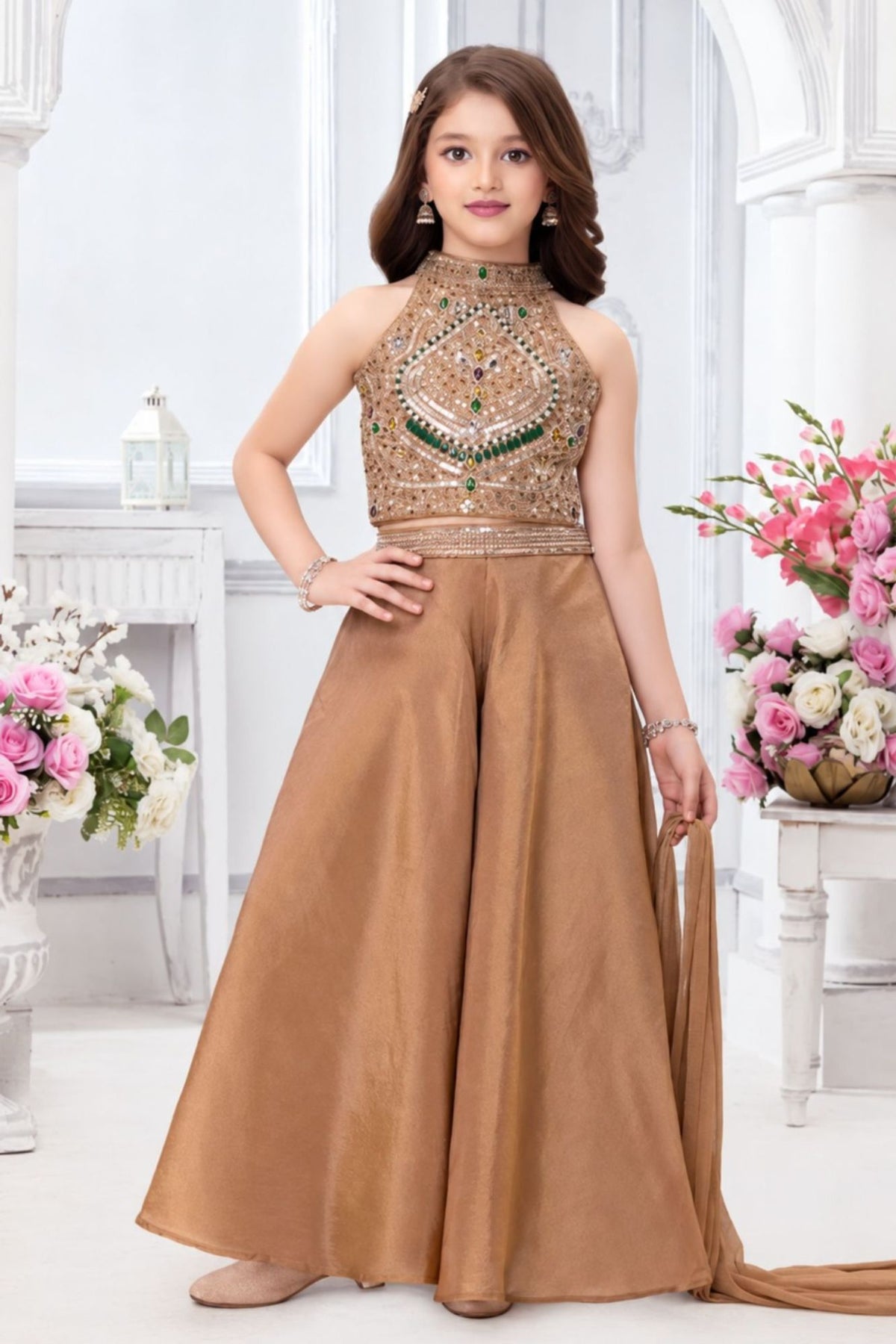 Girls Elegant Champagne Gold Sequin And Stone Embellished Palazzo Set