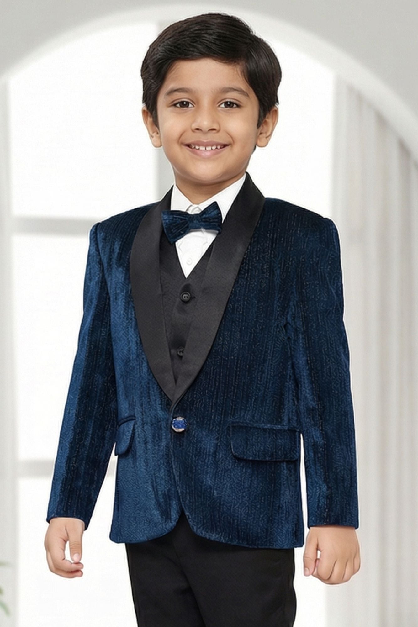 Premium Boys Navy Blue Tuxedo Suit Set with Bow Tie