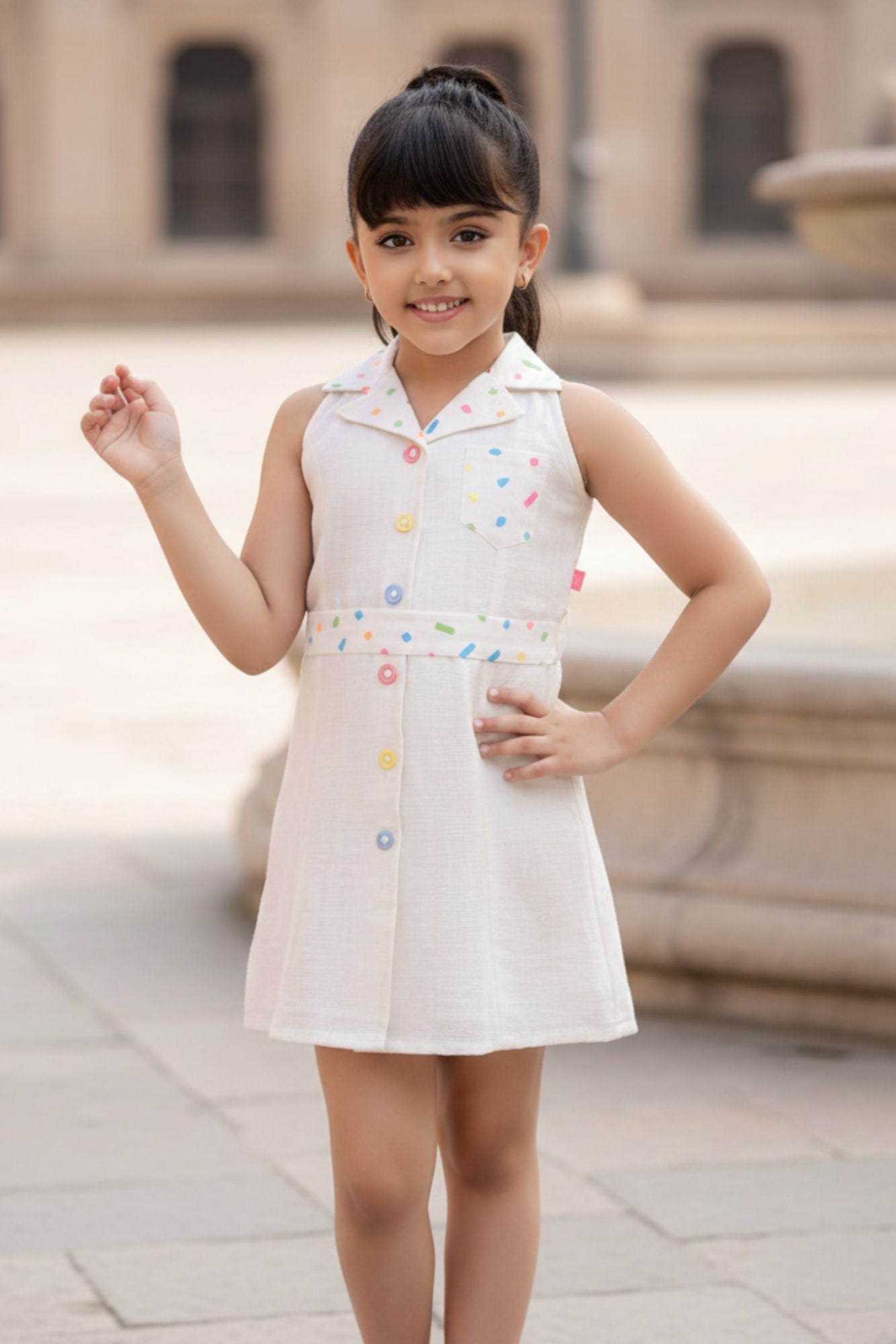 Cream Confetti Button Down Sleeveless Cotton Dress for Girls
