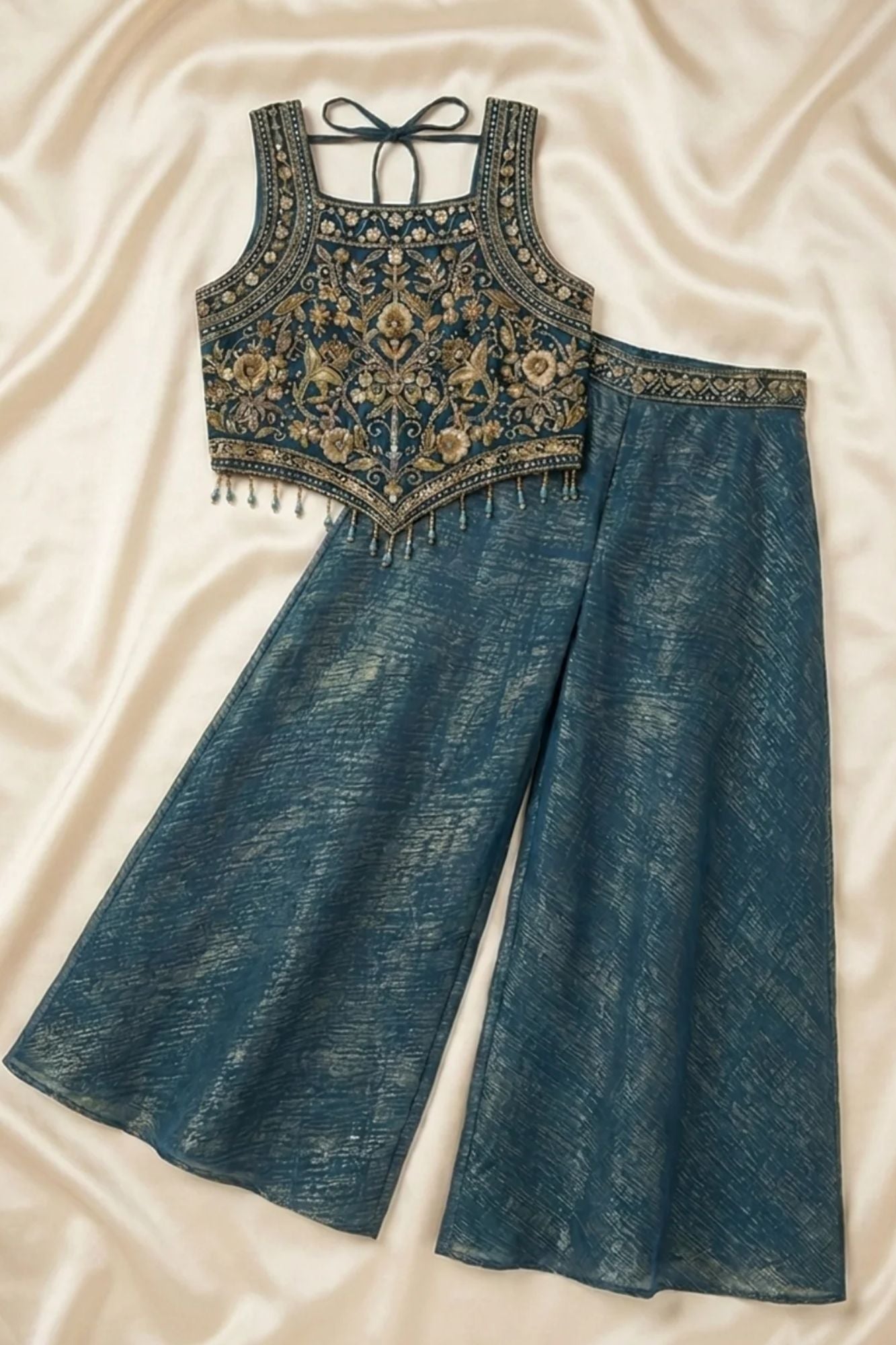 Girls Navy Blue Embroidered Palazzo Set with Dupatta