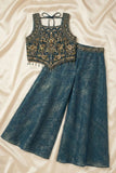 Girls Navy Blue Embroidered Palazzo Set with Dupatta