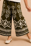 Girls Green Puff Sleeve Shirt Top And Printed Wide-Leg Culotte Co-Ord Set