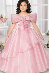 Onion Pink Party Wear Gown With Floral Embellishment For Girls