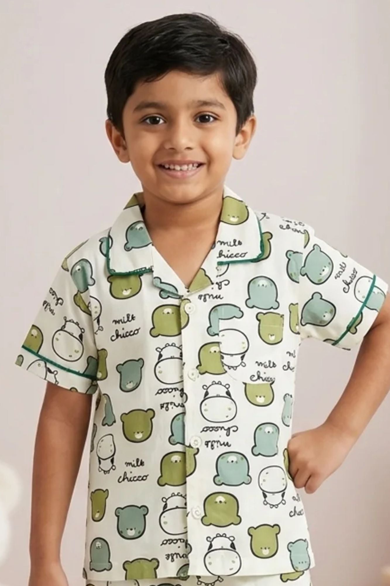 Boys White Cartoon Bear Print Night Suit Set