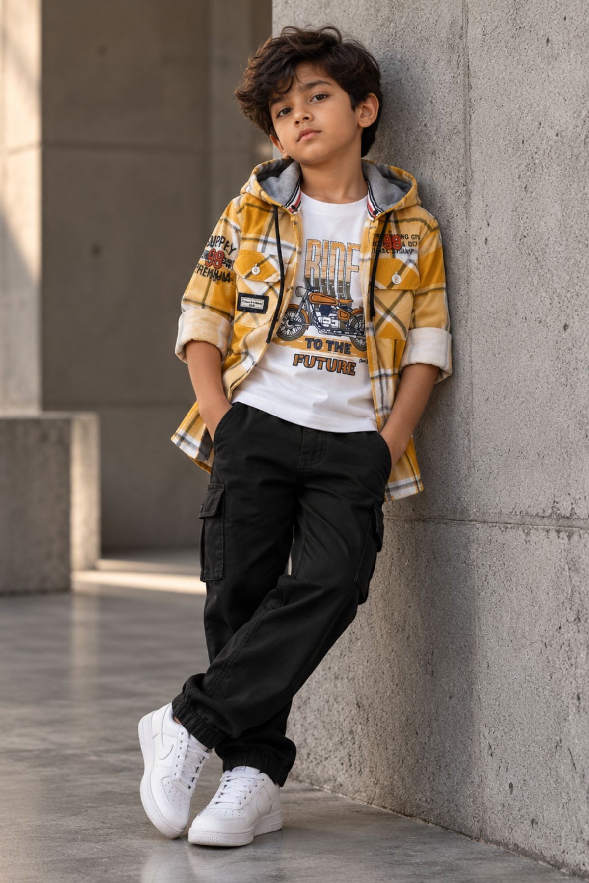 Boys Mustard Yellow & White Checked Hooded Corduroy Shirt With Printed T-Shirt